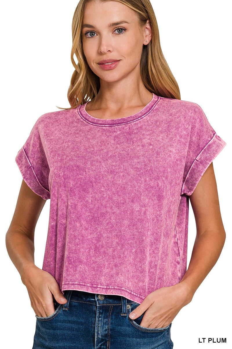 Acid Washed Cropped Cuffed Tee in Plum