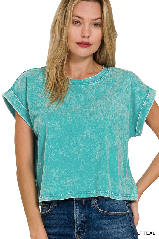 Acid Washed Cropped Cuffed Tee in Teal