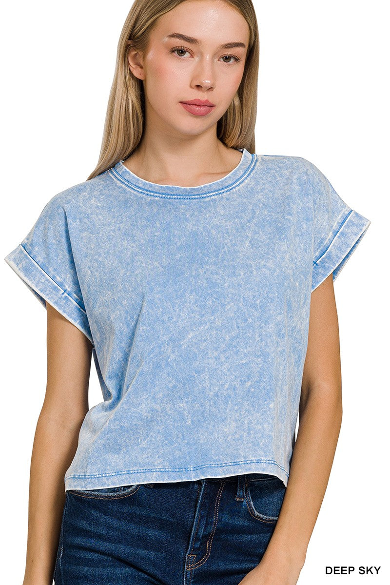 Acid Washed Cropped Cuffed Tee in Sky