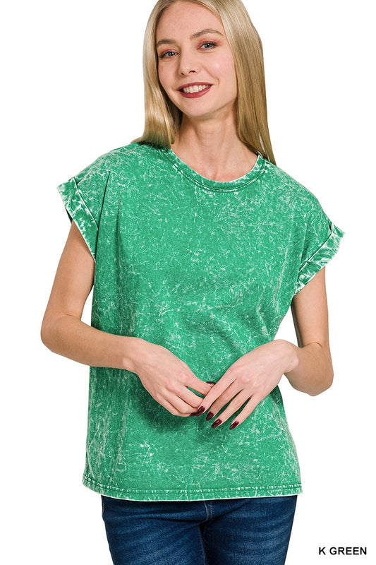 Acid Washed Cuffed Tee in Green