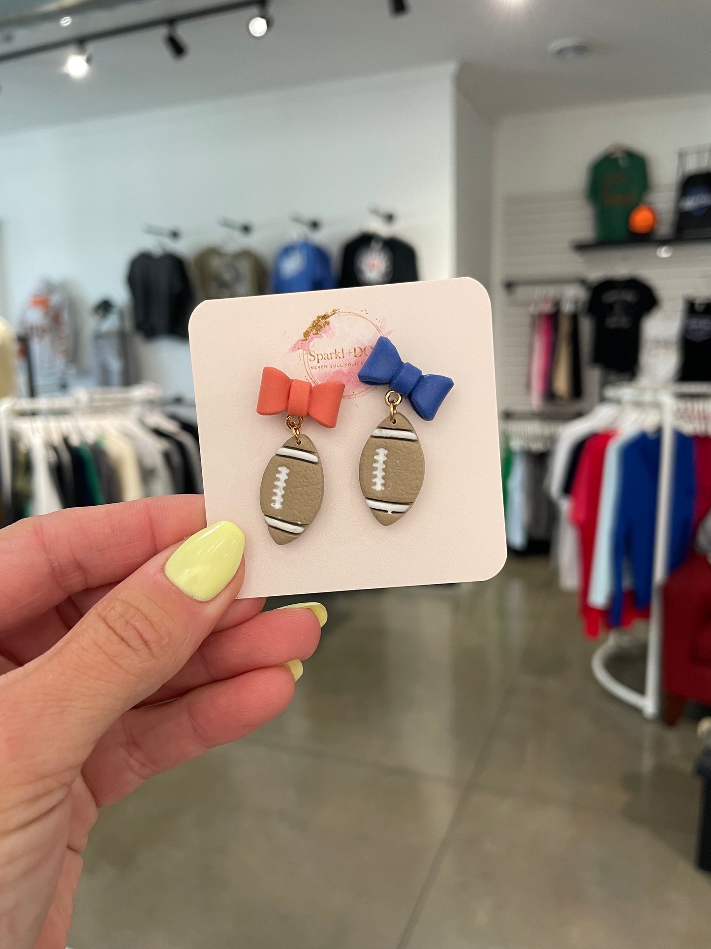 Sparkl+Dot Orange & Blue Football Bow Earrings