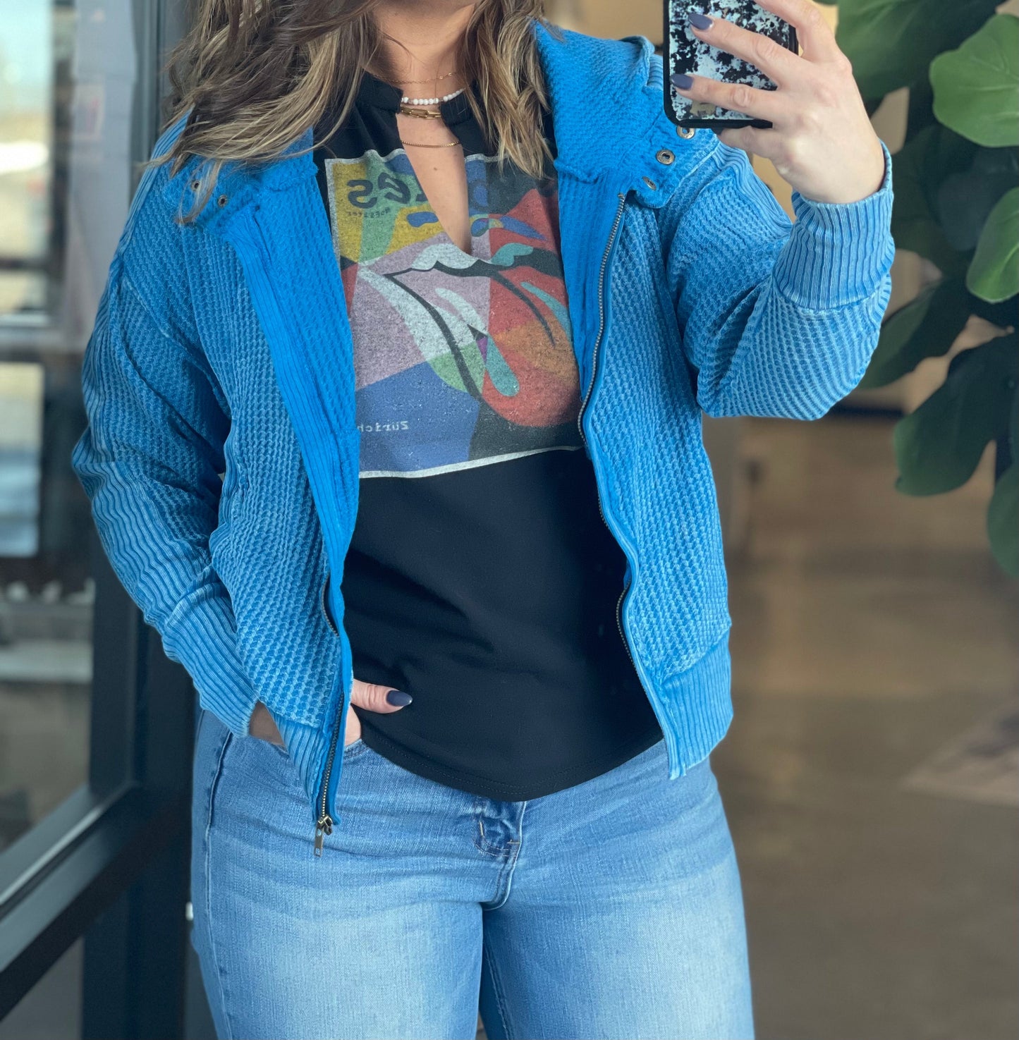 Acid Wash Cotton Waffle Hooded Zip-Up Jacket