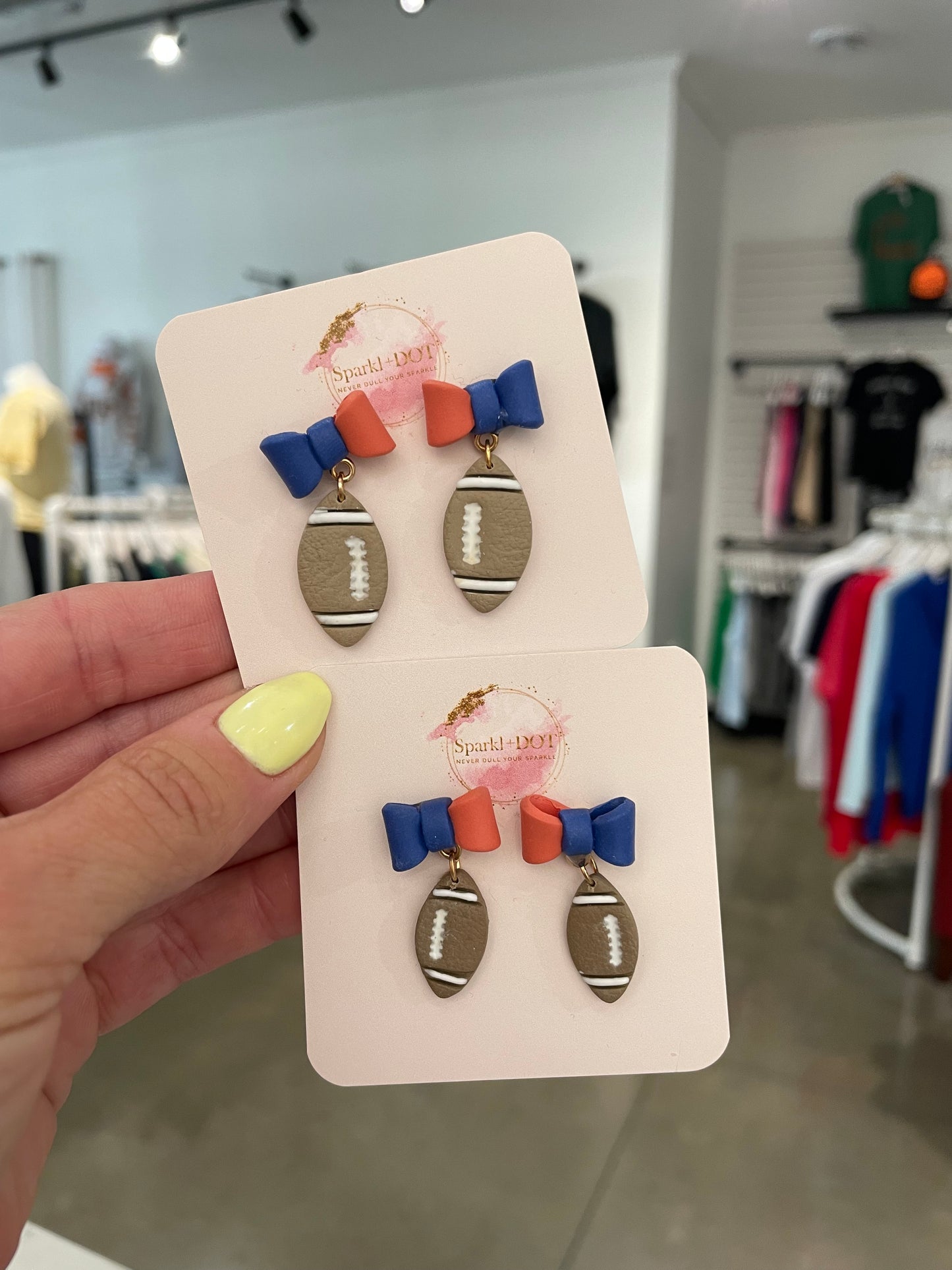 Sparkl+Dot Orange & Blue Football Bow Earrings