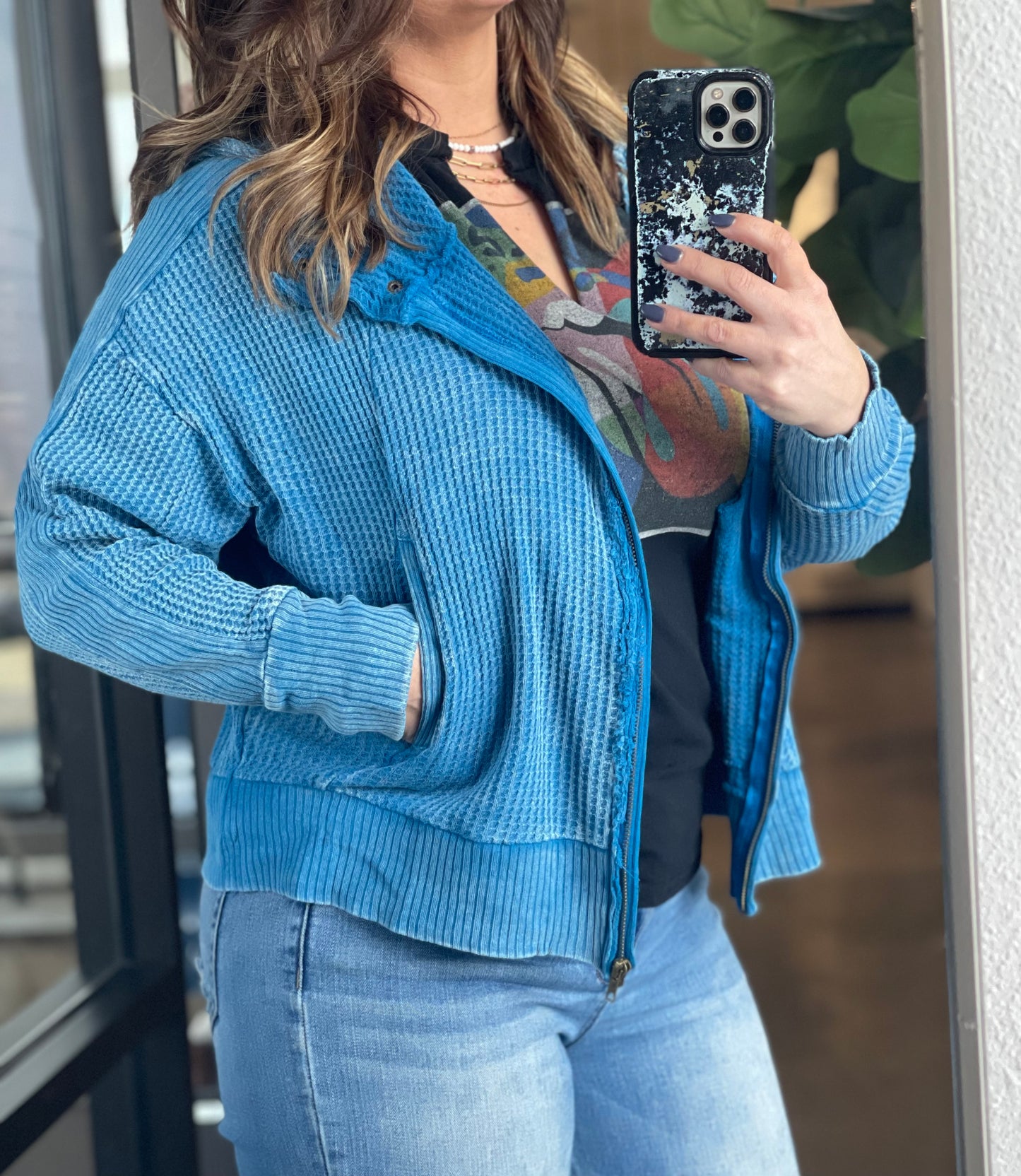 Acid Wash Cotton Waffle Hooded Zip-Up Jacket