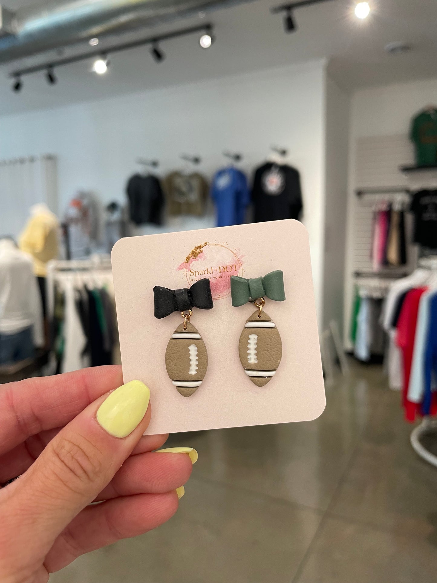 Sparkl+Dot Black & Green Football Bow Earrings