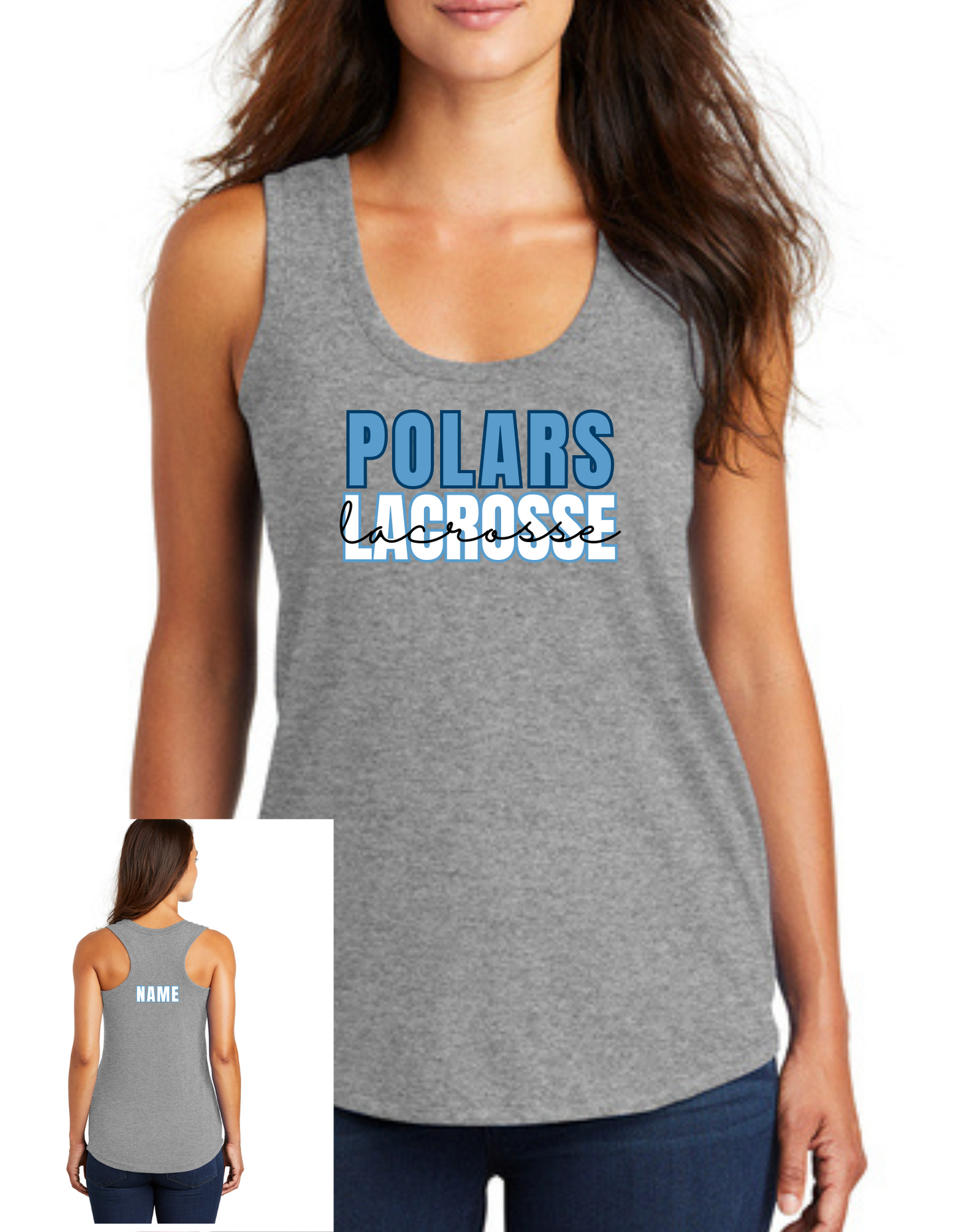Polars Lacrosse Cursive Racerback Tank, Tee, Crew, Hoodie