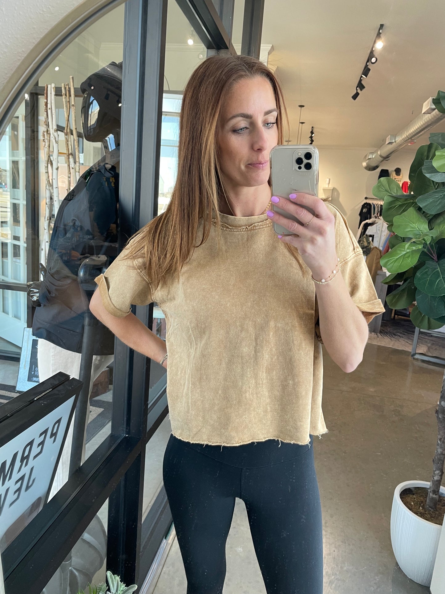 Acid Wash Cropped Tee in Camel