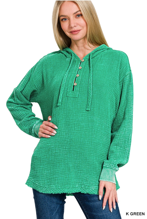 Gauze Lace Up Pullover - Green