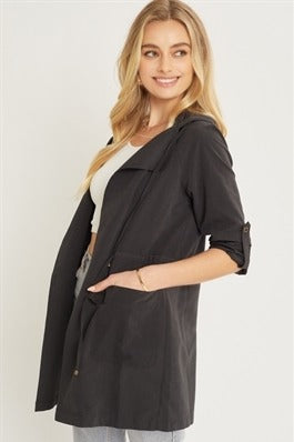 Oversized Hooded Long Line Trench Jacket - Black