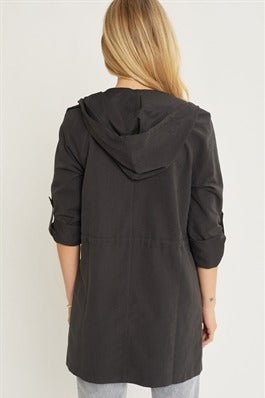 Oversized Hooded Long Line Trench Jacket - Black