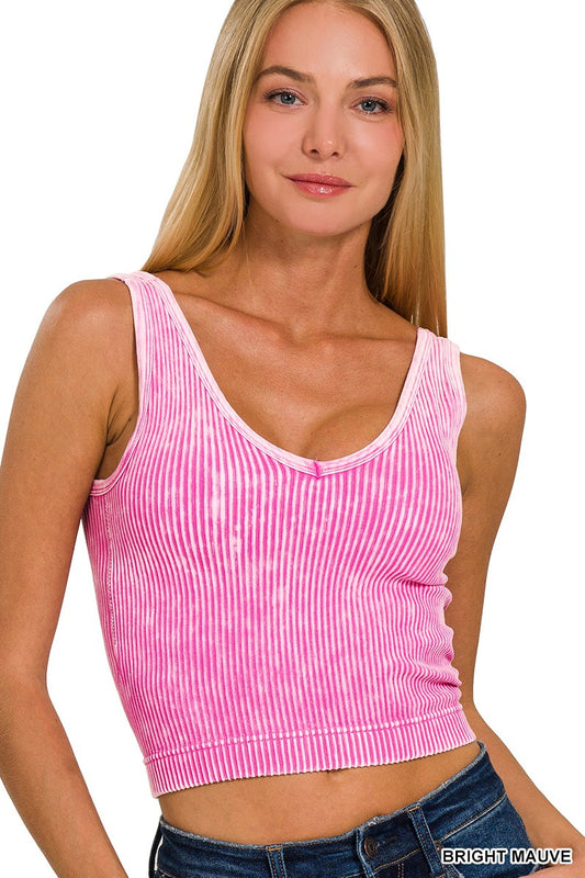 Luxe Padded Ribbed Crop Tank in Bright Mauve