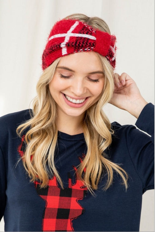 FUZZY PLAID HEADWRAP RED
