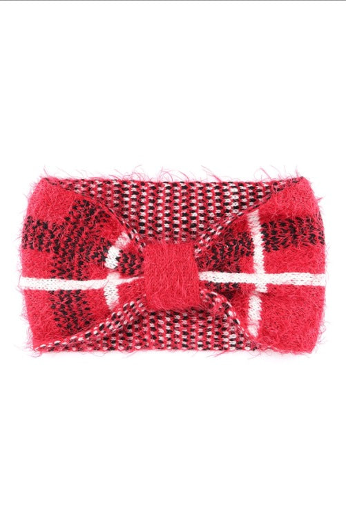 FUZZY PLAID HEADWRAP RED