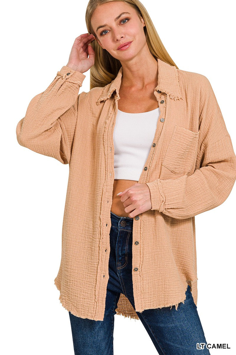 Breezy Gauze Button Down in Camel