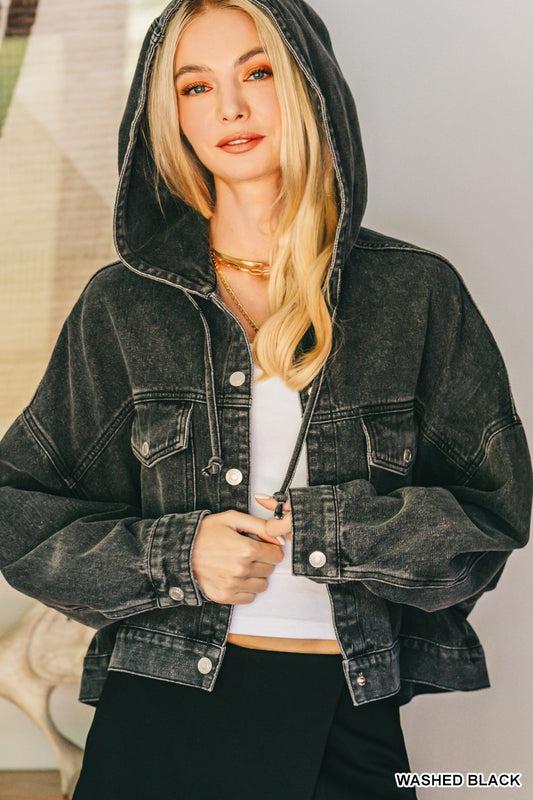 Washed Cropped Denim Jacket with Hood