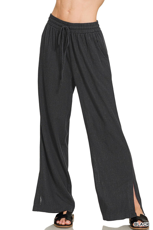 Linen Drawstring Pants - Black