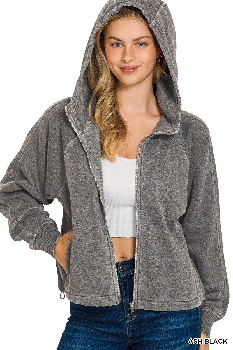 Fleece Vintage Zip Up Hoodie in Black