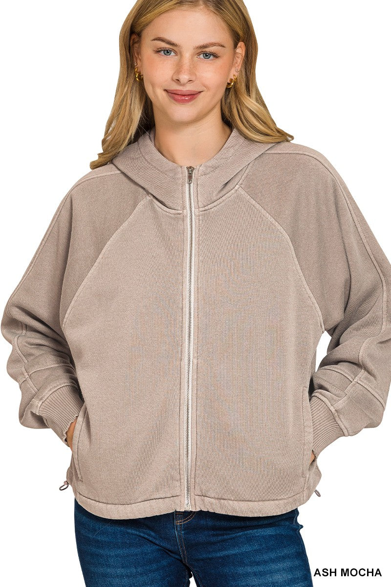 Fleece Vintage Zip Up Hoodie in Mocha