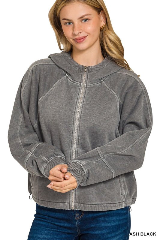 Fleece Vintage Zip Up Hoodie in Black