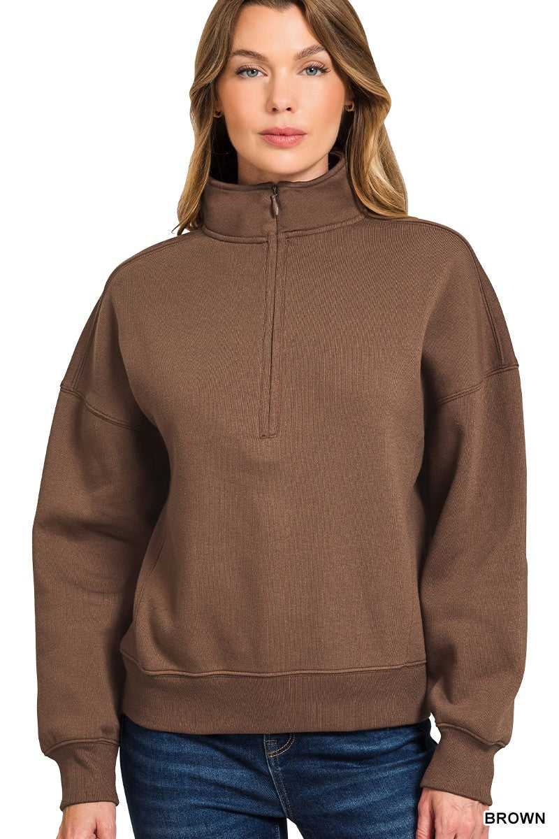 Fleece Zip Pullover in Brown