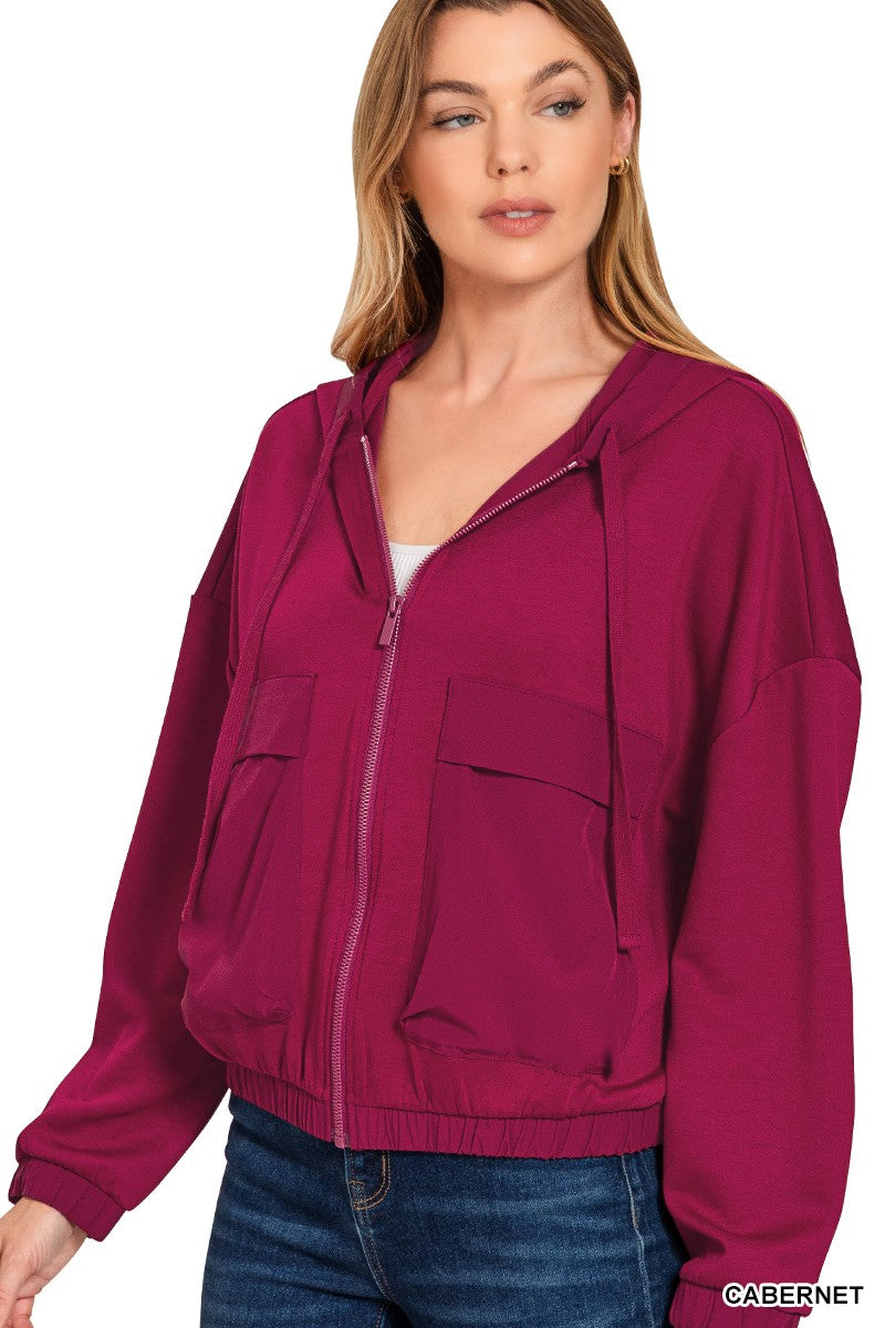 Large Pocket Scuba Hooded Jacket in Cabernet