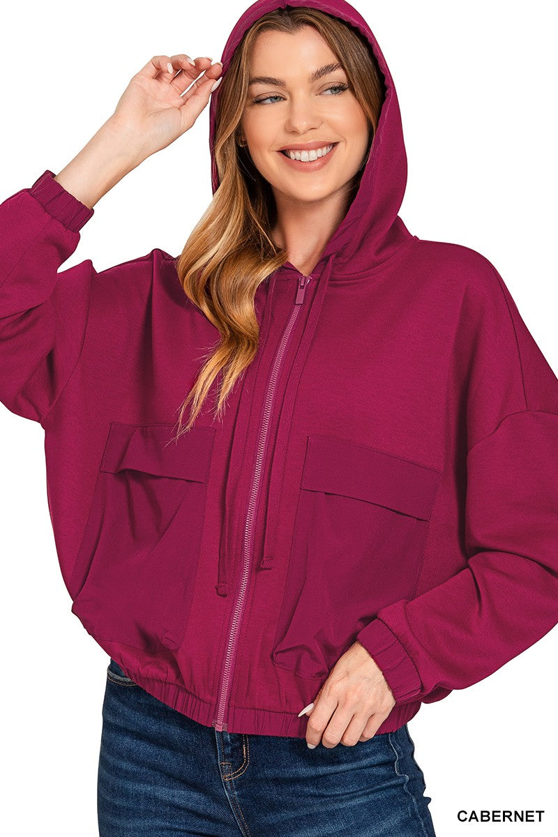 Large Pocket Scuba Hooded Jacket in Cabernet