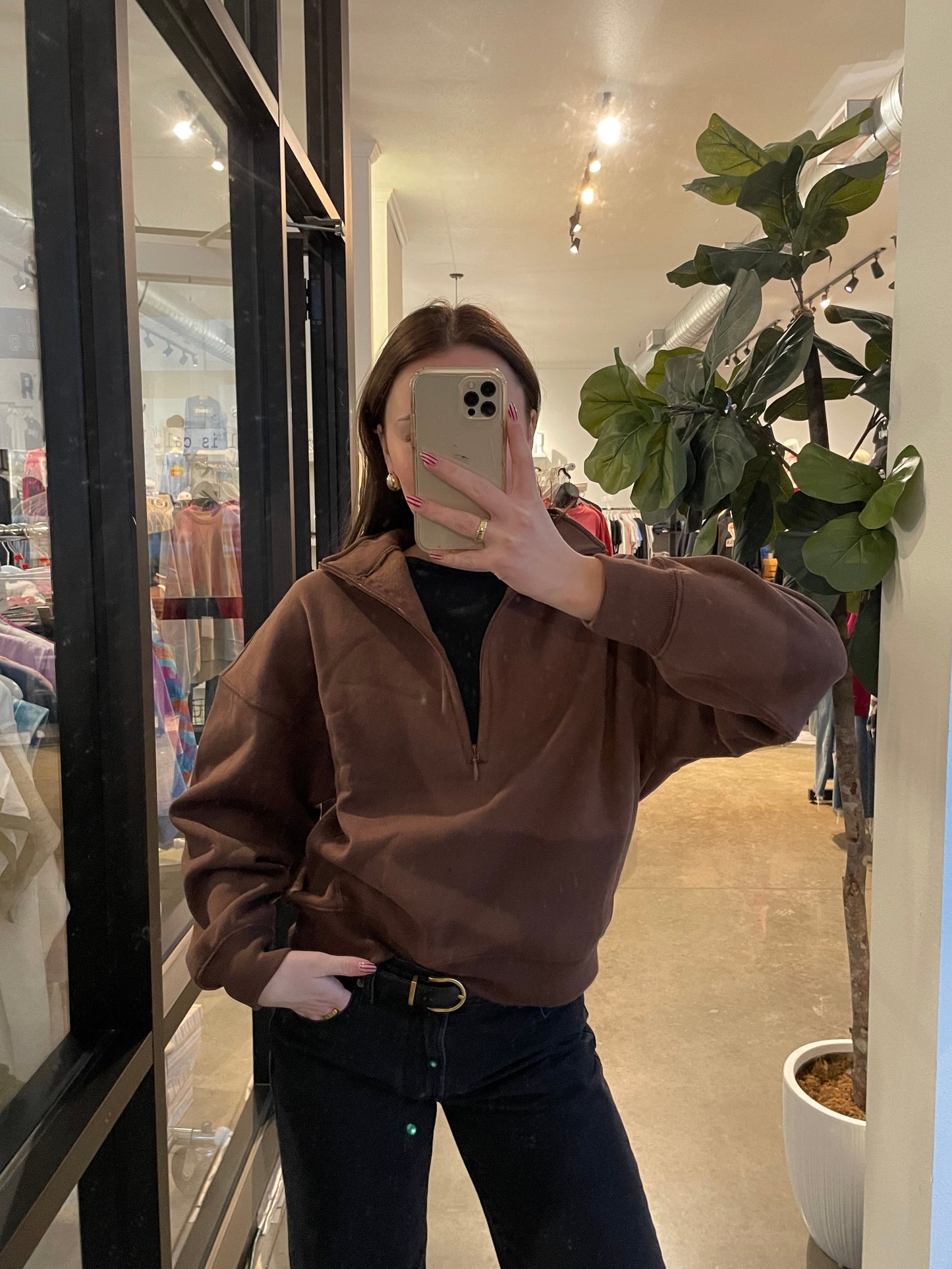 Fleece Zip Pullover in Brown