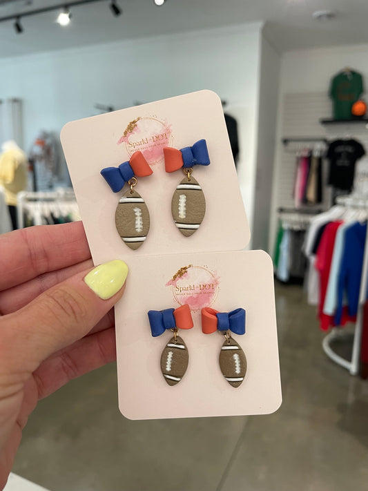 Sparkl+Dot Orange & Blue Football Bow Earrings
