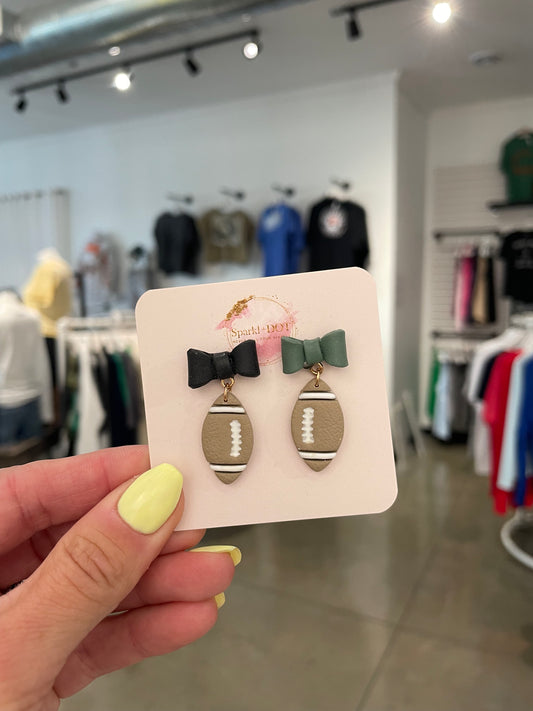 Sparkl+Dot Black & Green Football Bow Earrings