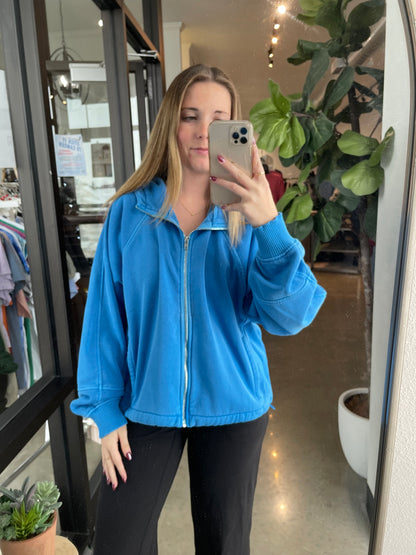 Fleece Vintage Zip Up Hoodie in Blue