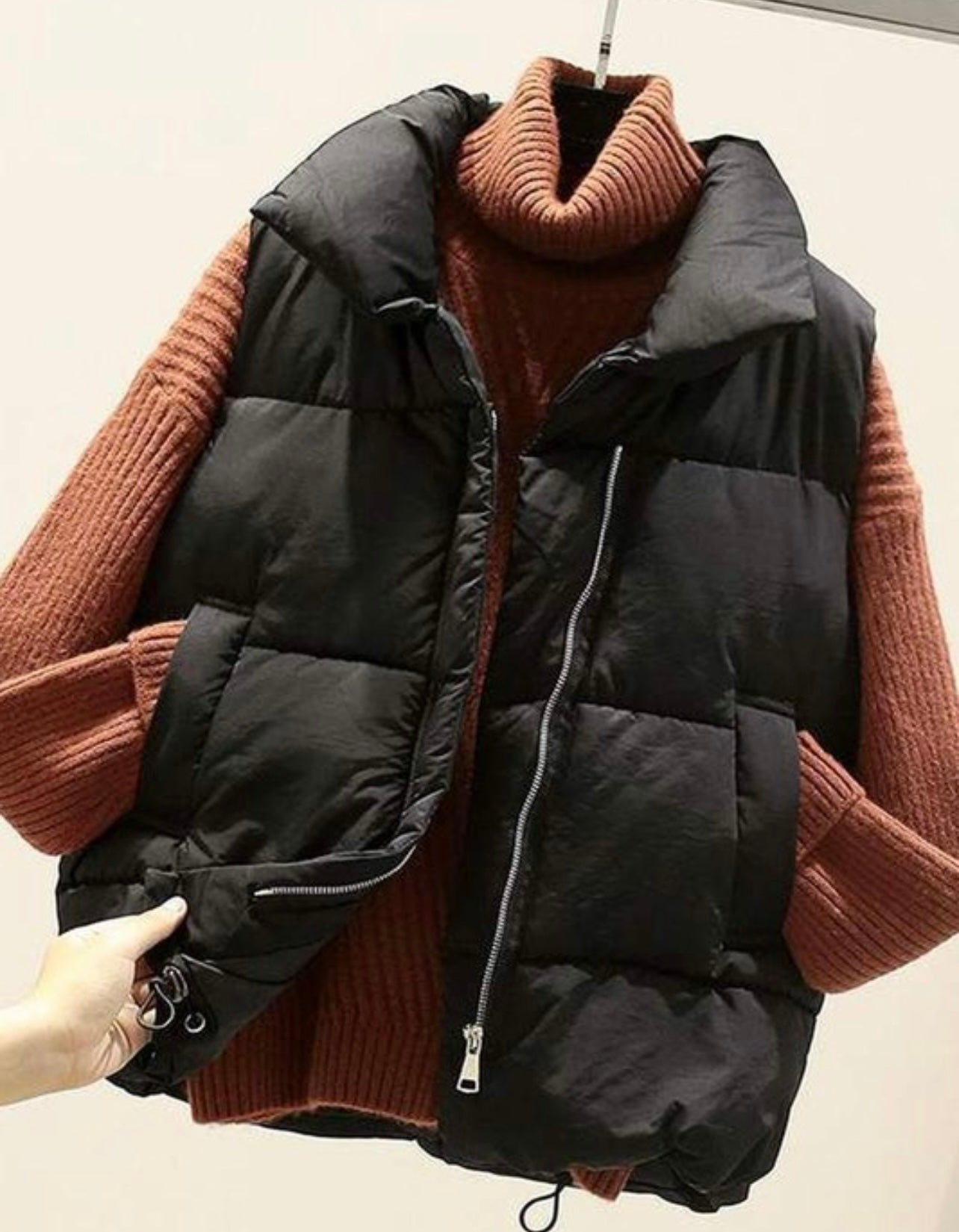 ZIP UP BUTTON PUFFER VEST WITH WAIST TOGGLES