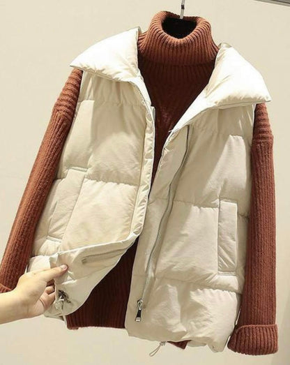 ZIP UP BUTTON PUFFER VEST WITH WAIST TOGGLES