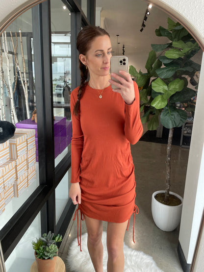 Cinched Long Sleeve Ribbed Dress