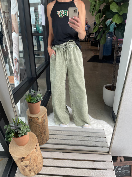 Washed Wide Leg Lounge Pant in Olive