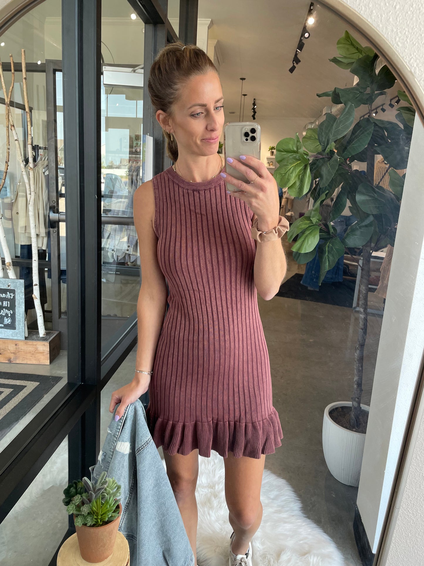 Ribbed Body Con Dress with Ruffle