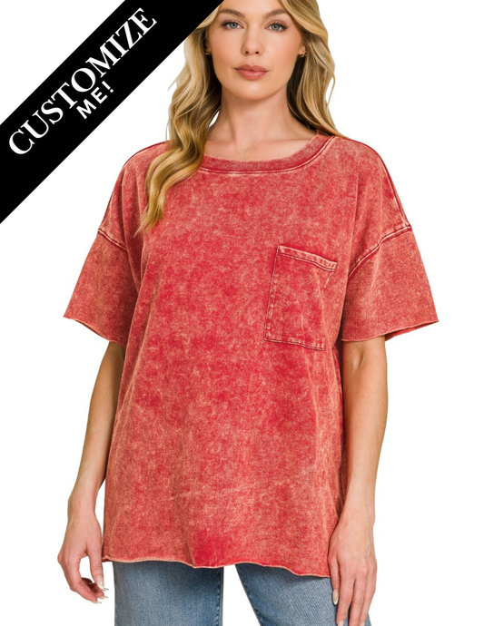 Acid Wash Raw Edge Tee - Red