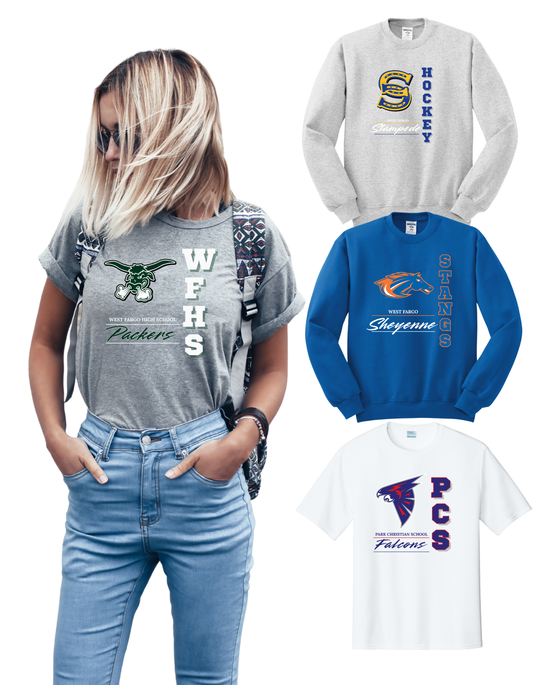 Vertical Text with Logo Tee, Long Sleeve, Crew or Hoodie