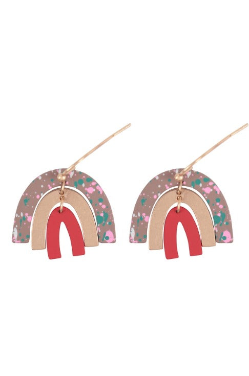 RUBBER COATED RAINBOW DROP LINK EARRINGS - MATTE GOLD RED