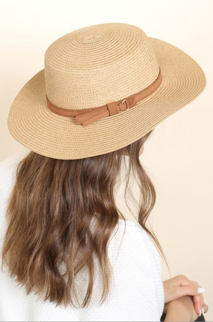 Panama Brim Hat with Leather Strap Accent - Brown